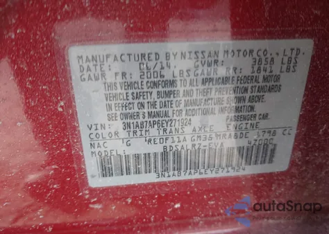 2014 Nissan Sentra Sr z USA, uszkodzony, nr VIN 3N1AB7AP6EY271924